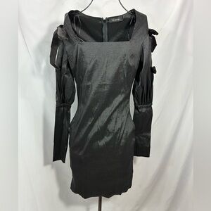 naanaa black taffeta long sleeve mini dress with velvet shoulder ties size 6